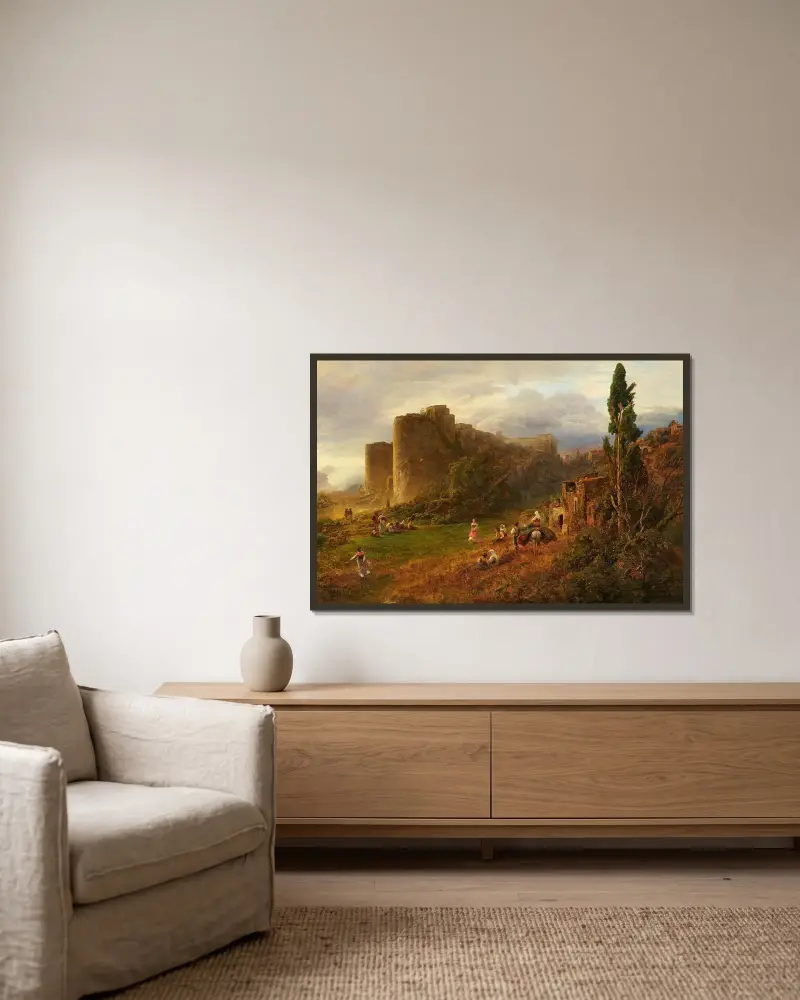 Abendstimmung in den albanischen Bergen von Oswald Achenbach gerahmt an einer Wand