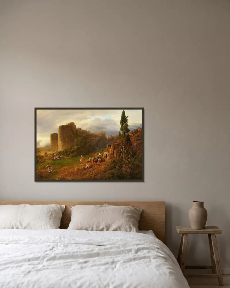 Abendstimmung in den albanischen Bergen von Oswald Achenbach gerahmt an einer Wand