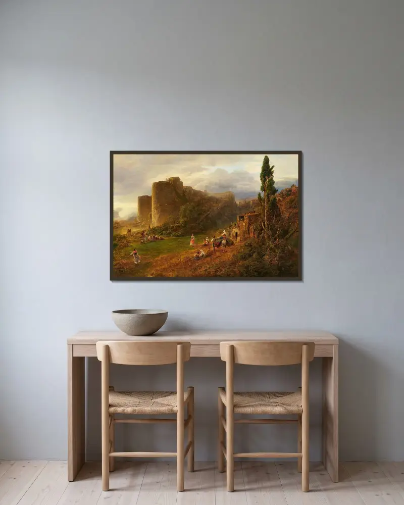 Abendstimmung in den albanischen Bergen von Oswald Achenbach gerahmt an einer Wand