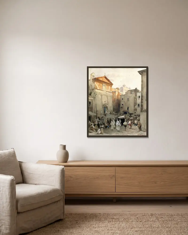 Begräbnis in Palestrina von Oswald Achenbach gerahmt an einer Wand
