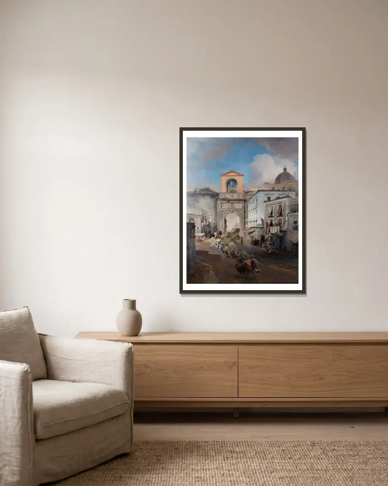 Auf dem Weg zum Markt von Oswald Achenbach gerahmt an einer Wand