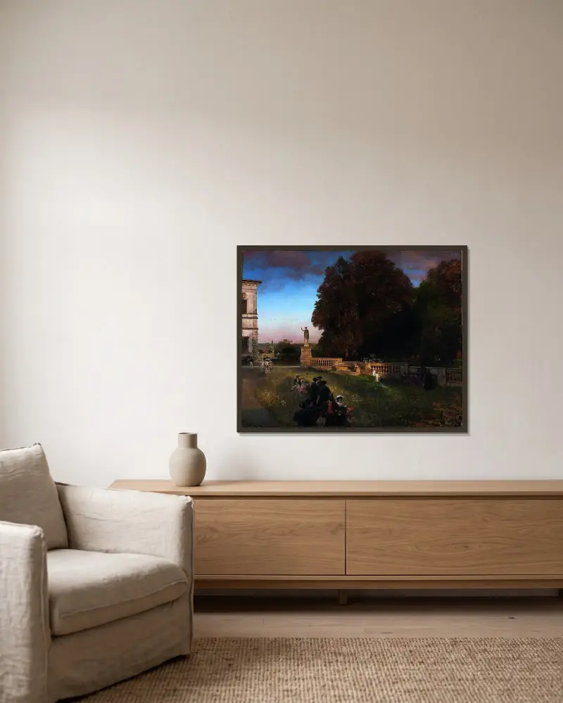 Im Park der Villa Borghese von Oswald Achenbach gerahmt an einer Wand