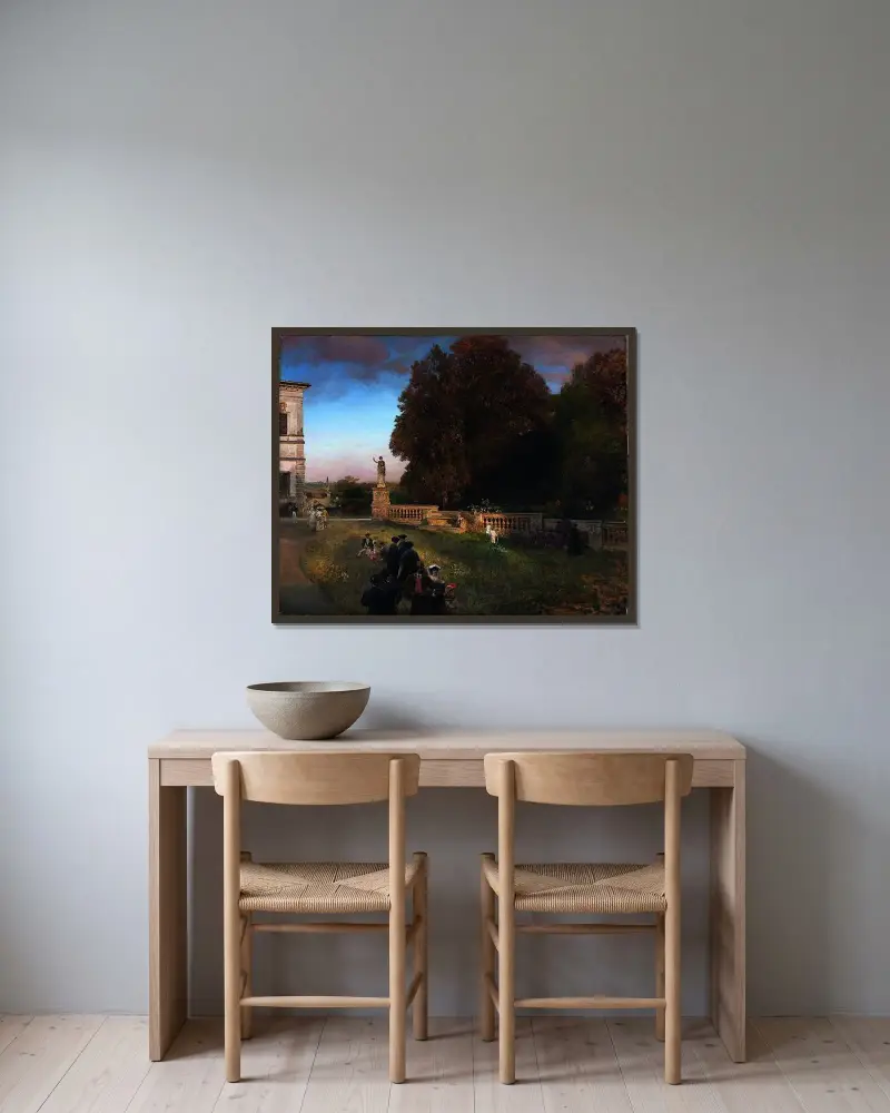 Im Park der Villa Borghese von Oswald Achenbach gerahmt an einer Wand
