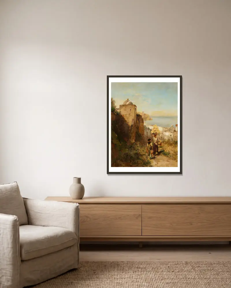 Küstenlandschaft bei Neapel av Oswald Achenbach inramad på en vägg