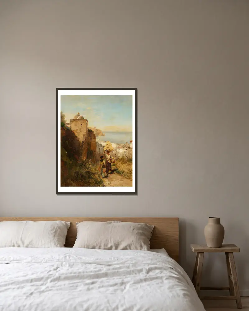 Küstenlandschaft bei Neapel av Oswald Achenbach inramad på en vägg