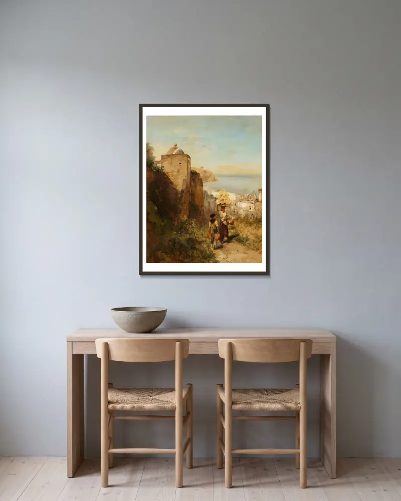 Küstenlandschaft bei Neapel av Oswald Achenbach inramad på en vägg