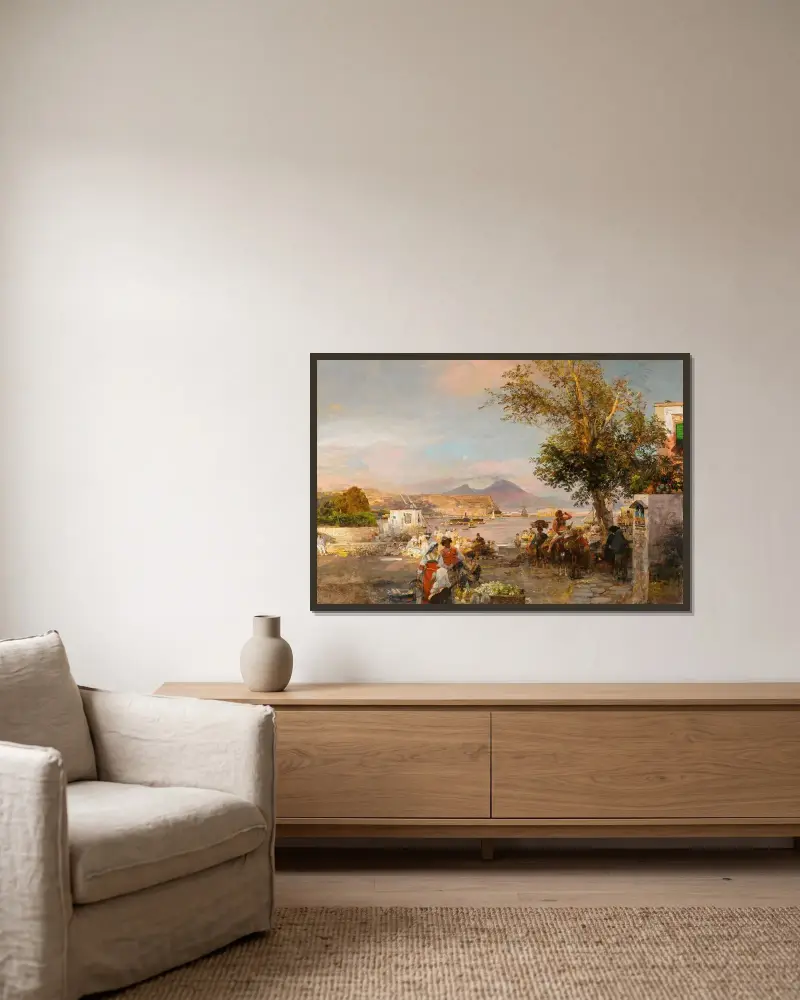 Ländliches Fest am Ufer der Bucht von Neapel von Oswald Achenbach gerahmt an einer Wand