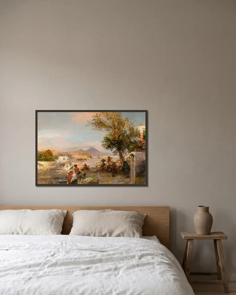 Ländliches Fest am Ufer der Bucht von Neapel von Oswald Achenbach gerahmt an einer Wand