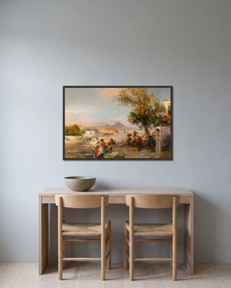 Ländliches Fest am Ufer der Bucht von Neapel von Oswald Achenbach gerahmt an einer Wand