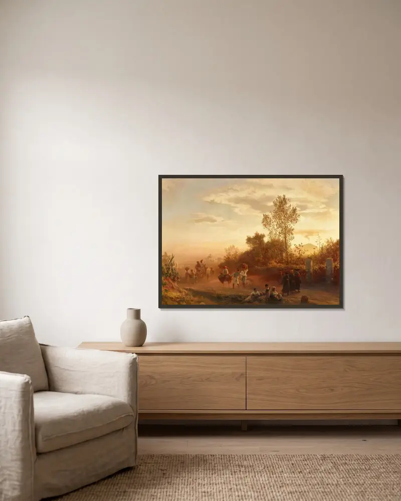 Landstraße bei Neapel mit Vesuv im Hintergrund von Oswald Achenbach gerahmt an einer Wand