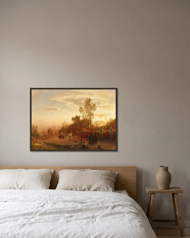 Landstraße bei Neapel mit Vesuv im Hintergrund von Oswald Achenbach gerahmt an einer Wand