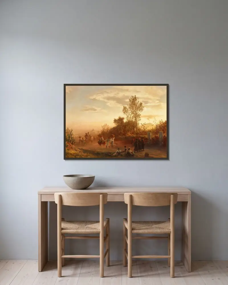 Landstraße bei Neapel mit Vesuv im Hintergrund von Oswald Achenbach gerahmt an einer Wand