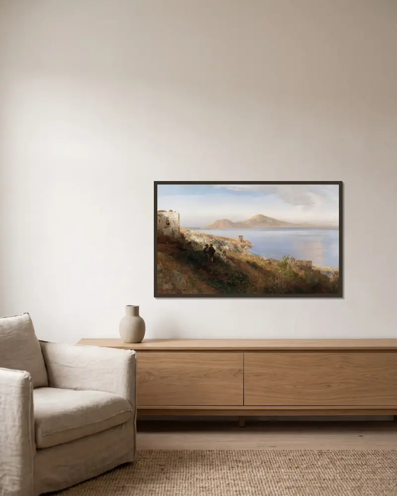 Malerin mit Blick auf Capri von Oswald Achenbach gerahmt an einer Wand