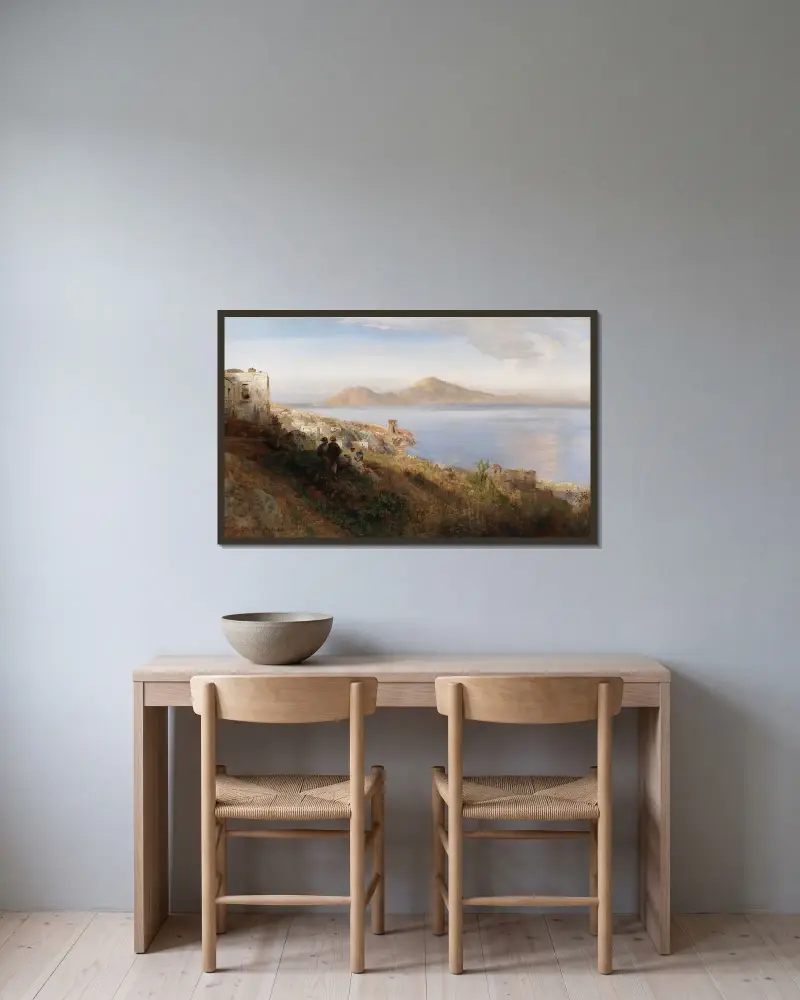Malerin mit Blick auf Capri von Oswald Achenbach gerahmt an einer Wand