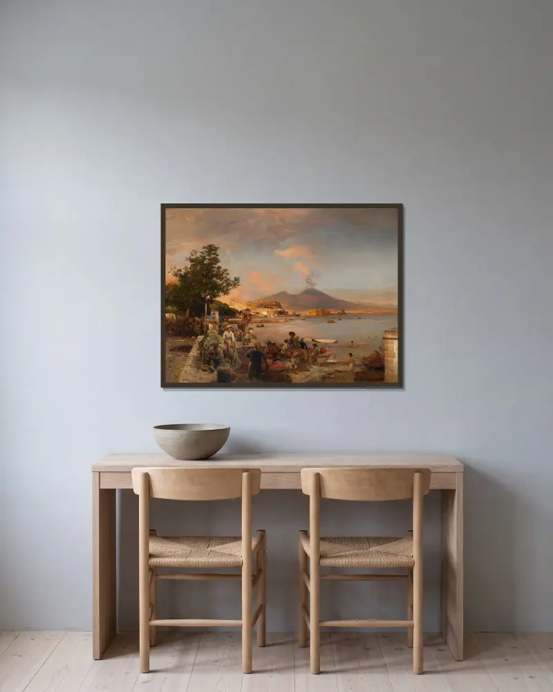 Marknadsscen vid Neapel med utsikt mot Vesuvius av Oswald Achenbach inramad på en vägg