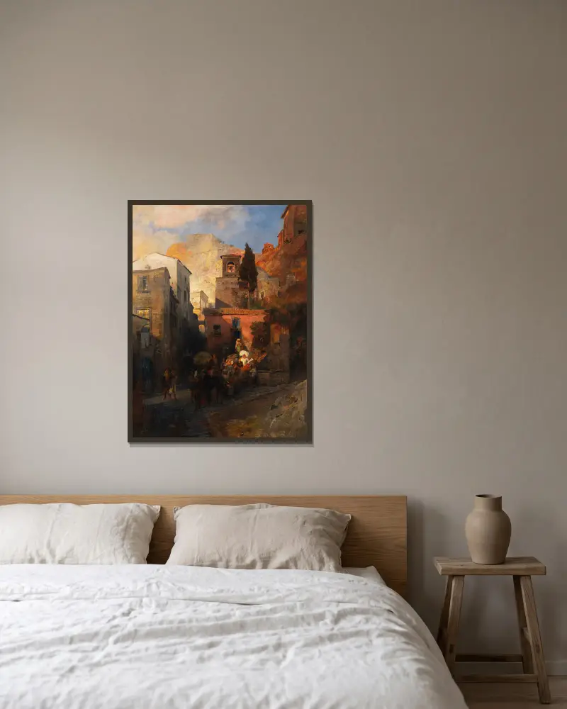 Straßenszene in einem italienischen Bergdorf av Oswald Achenbach inramad på en vägg