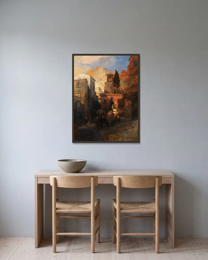 Straßenszene in einem italienischen Bergdorf av Oswald Achenbach inramad på en vägg