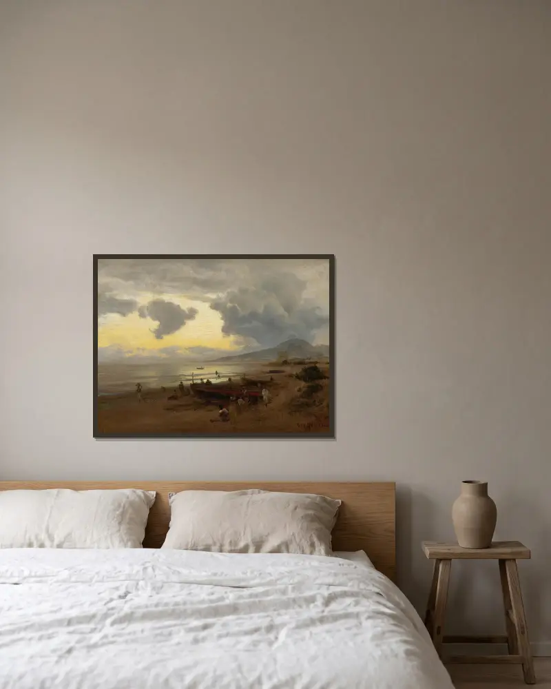 Sonnenuntergang am Strand von Oswald Achenbach gerahmt an einer Wand