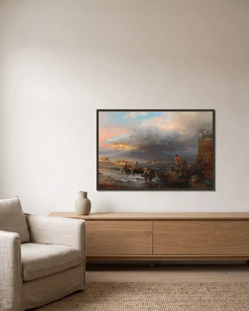 Die Bucht von Neapel mit dem Vesuv im Hintergrund von Oswald Achenbach gerahmt an einer Wand