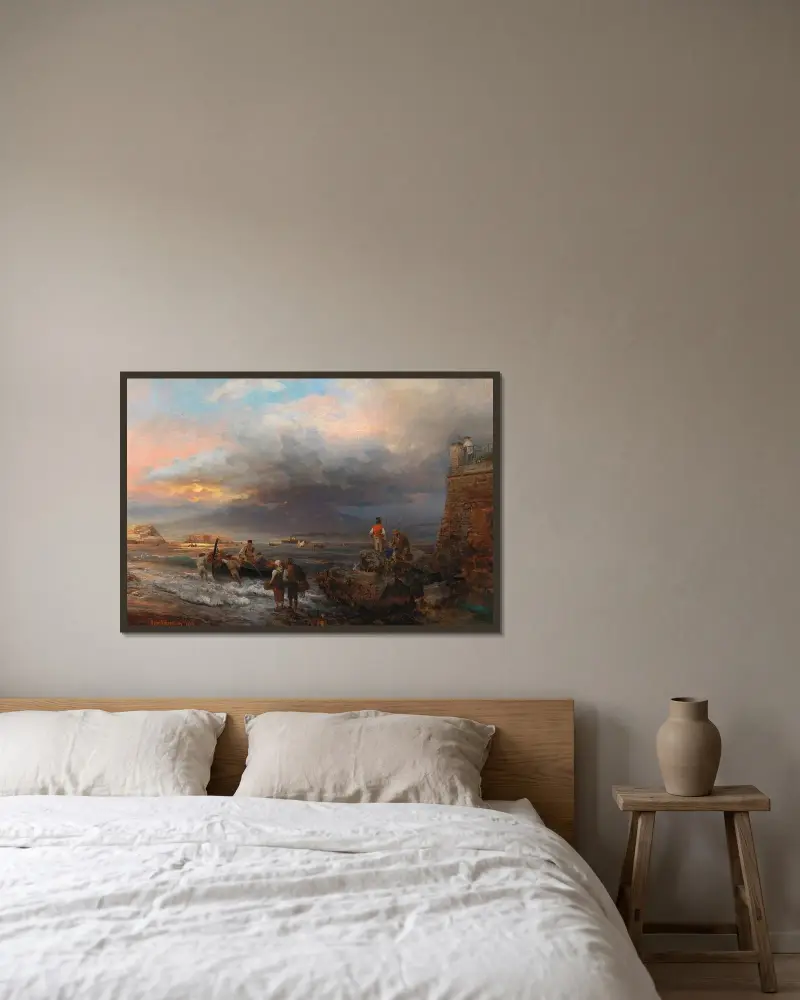 Die Bucht von Neapel mit dem Vesuv im Hintergrund von Oswald Achenbach gerahmt an einer Wand