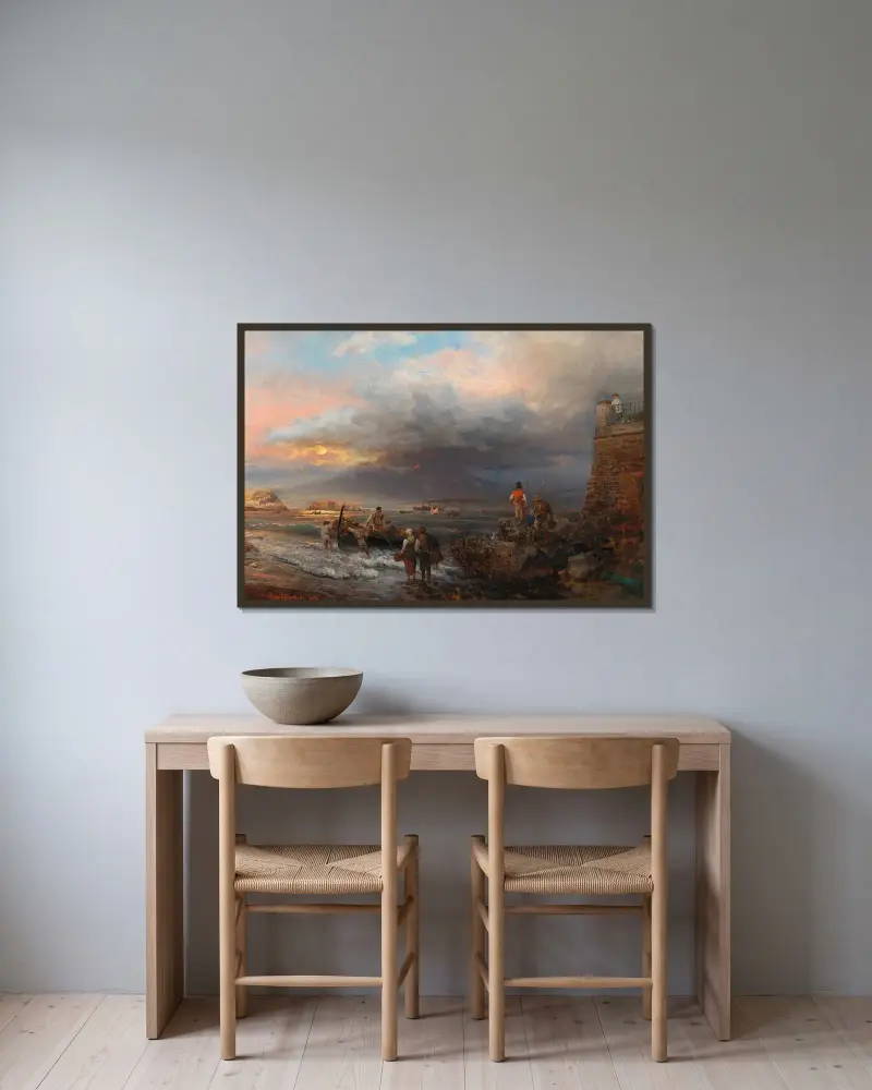 Die Bucht von Neapel mit dem Vesuv im Hintergrund von Oswald Achenbach gerahmt an einer Wand