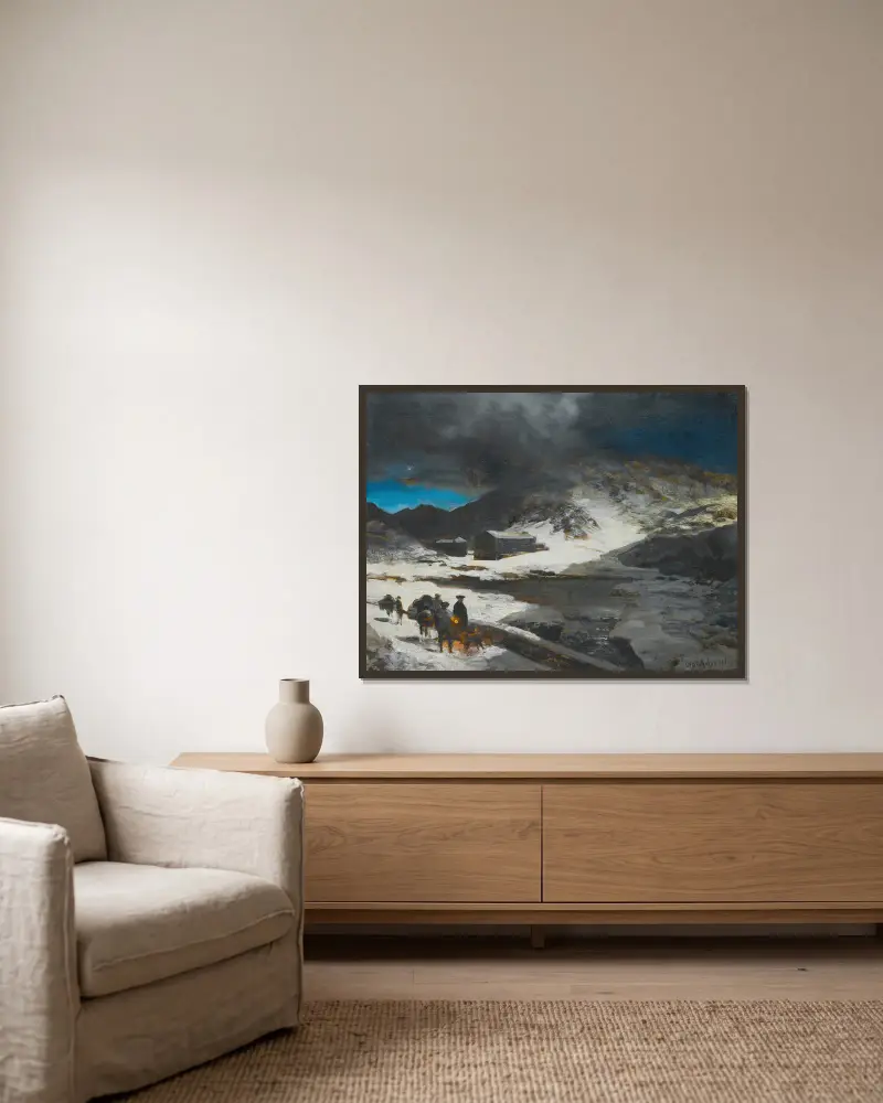 Das große Sankt Bernhardshospiz in den Alpen von Oswald Achenbach gerahmt an einer Wand