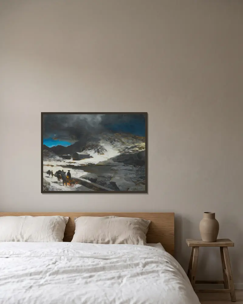 Das große Sankt Bernhardshospiz in den Alpen von Oswald Achenbach gerahmt an einer Wand