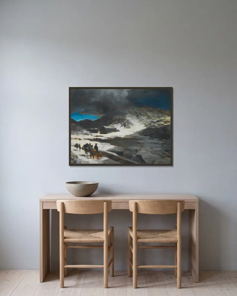 Das große Sankt Bernhardshospiz in den Alpen von Oswald Achenbach gerahmt an einer Wand