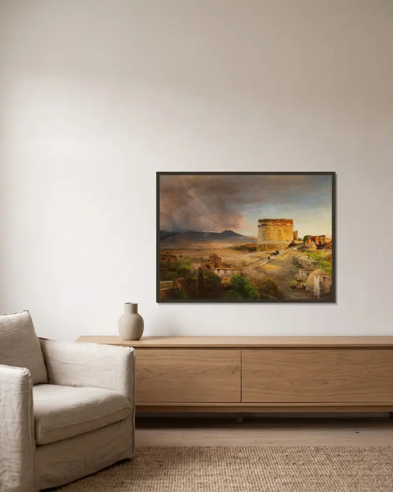 Das Grab der Caecilia Metella an der Via Appia bei Rom von Oswald Achenbach gerahmt an einer Wand