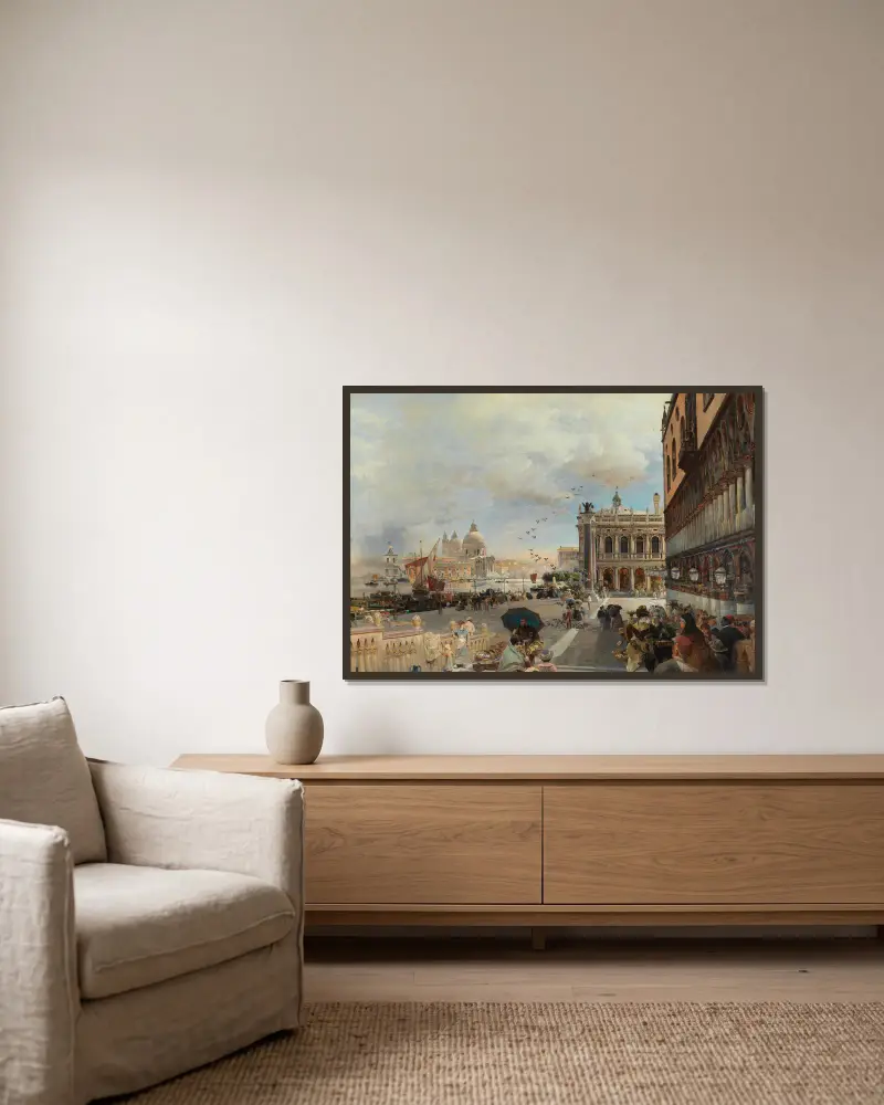 Venice, A View Of The Piazzetta, With The Biblioteca Marciana, Santa Maria Della Salute And The Dogana av Oswald Achenbach inramad på en vägg