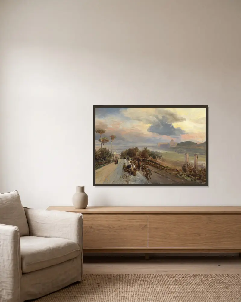 Via Cassia bei Rom av Oswald Achenbach inramad på en vägg