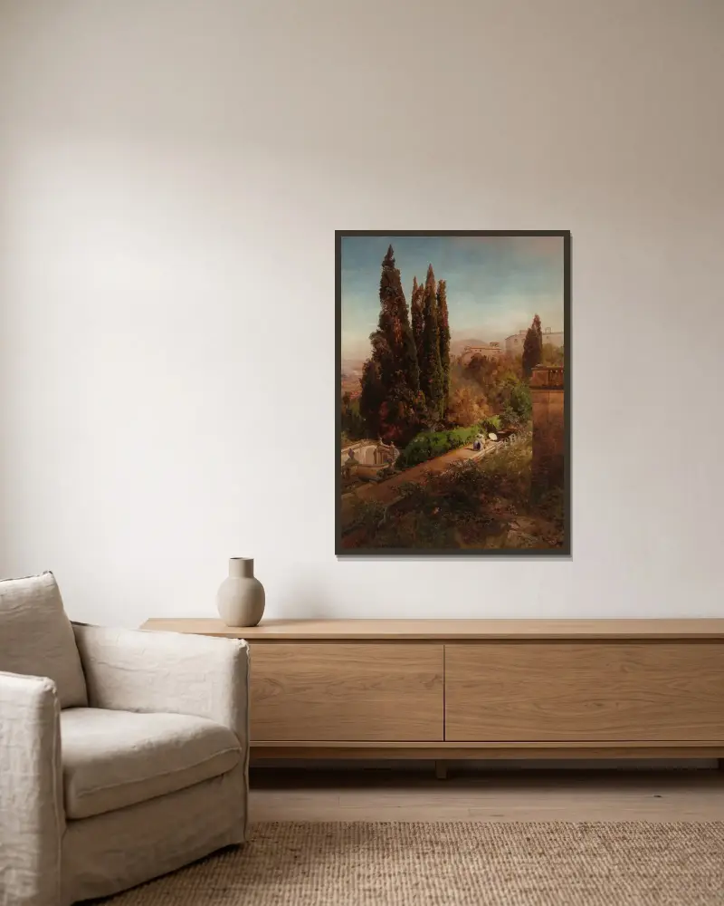 Blick von der Höhe der Gärten der Villa Torlonia, Frascati, Rom von Oswald Achenbach gerahmt an einer Wand