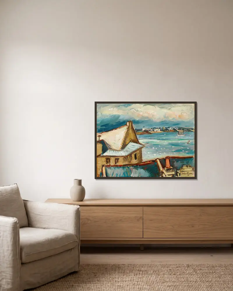 Flussufer mit Häusern und Segelschiff av Emile Othon Friesz inramad på en vägg