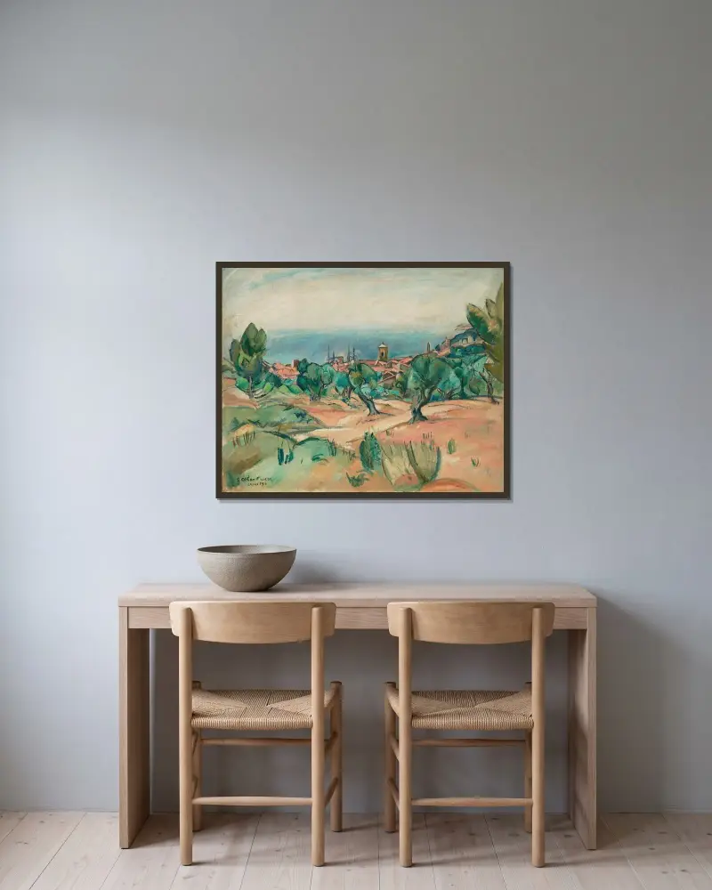 Landskap från Cassis av Emile Othon Friesz inramad på en vägg