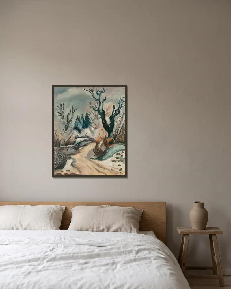 Snölandskap av Emile Othon Friesz inramad på en vägg