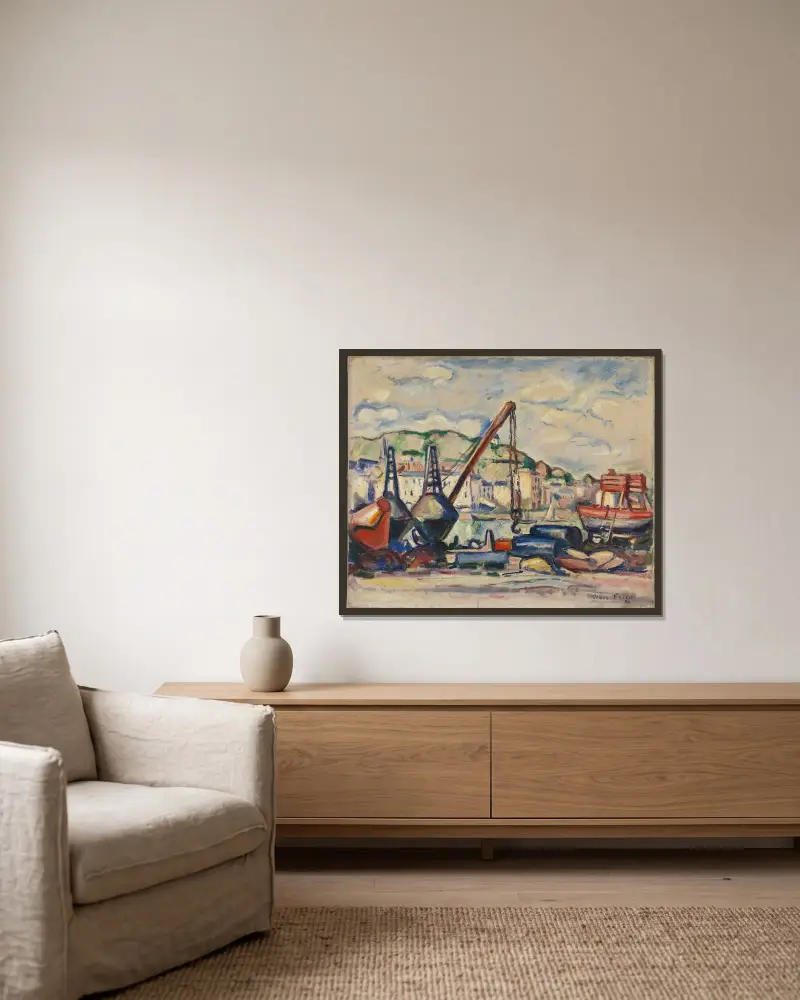 Hamnen i Honfleur av Emile Othon Friesz inramad på en vägg