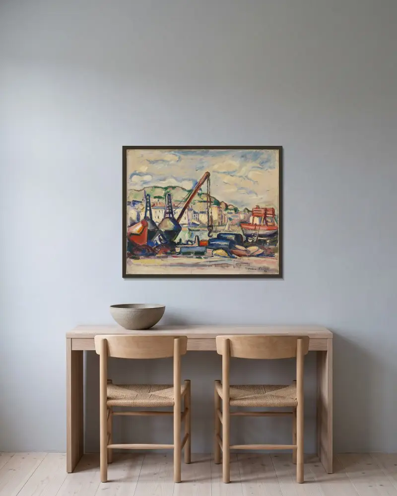 Hamnen i Honfleur av Emile Othon Friesz inramad på en vägg