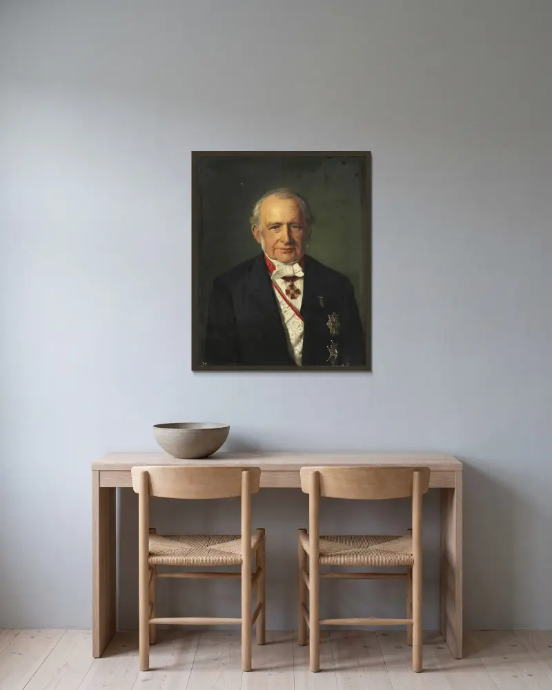 Portræt af kabinetssekretær Jens Peter Trap av Otto Bache inramad på en vägg