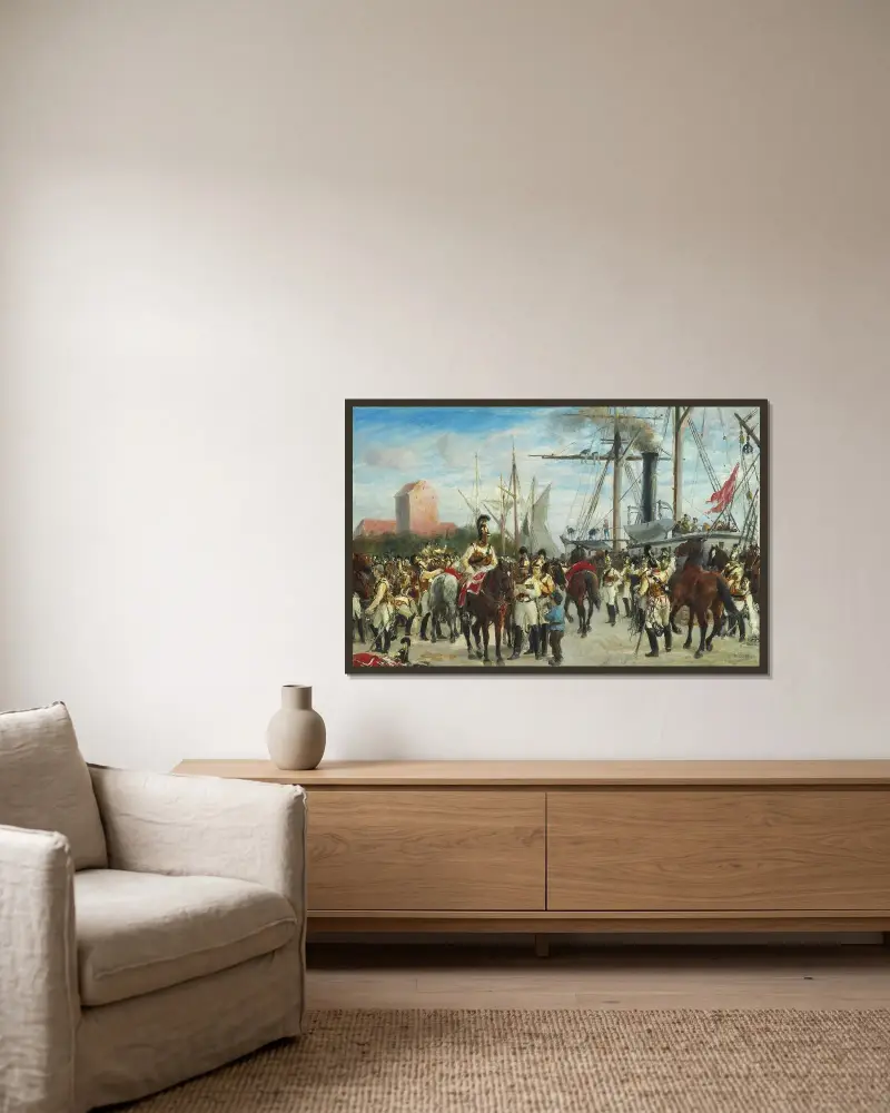 Studie til Hestgarden indskibes i Korsør 1848 av Otto Bache inramad på en vägg