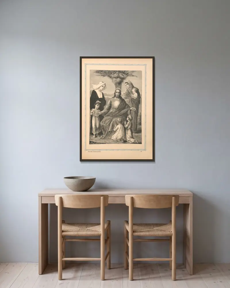 Christus segnet die kleinen Kinder von Otto Bitschnau gerahmt an einer Wand