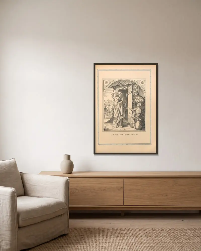Siehe, ich stehe vor der Tür und klopfe an (Offb. 3,20) von Otto Bitschnau gerahmt an einer Wand