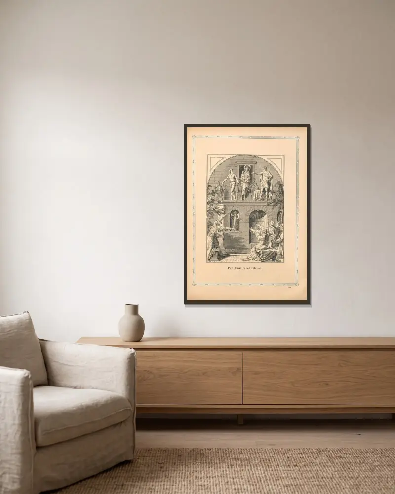 Herr Jesus vor Pilatus von Otto Bitschnau gerahmt an einer Wand