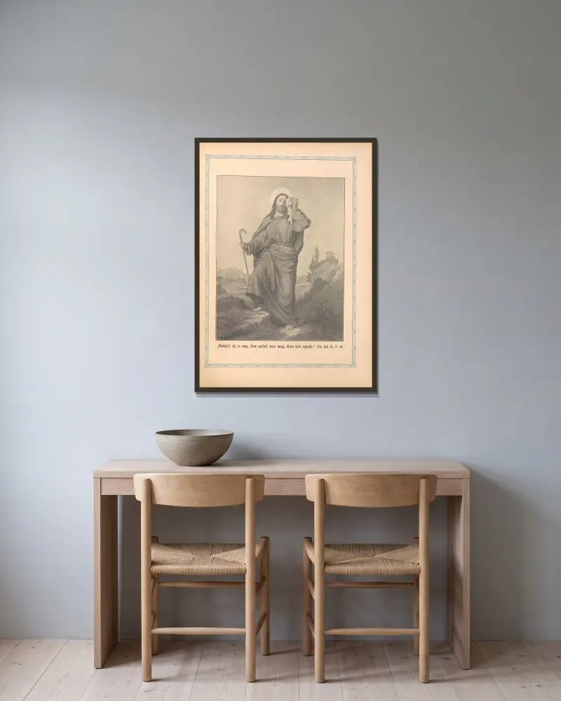 Freue dich mit mir, denn ich habe mein Schaf gefunden, das verloren war von Otto Bitschnau gerahmt an einer Wand