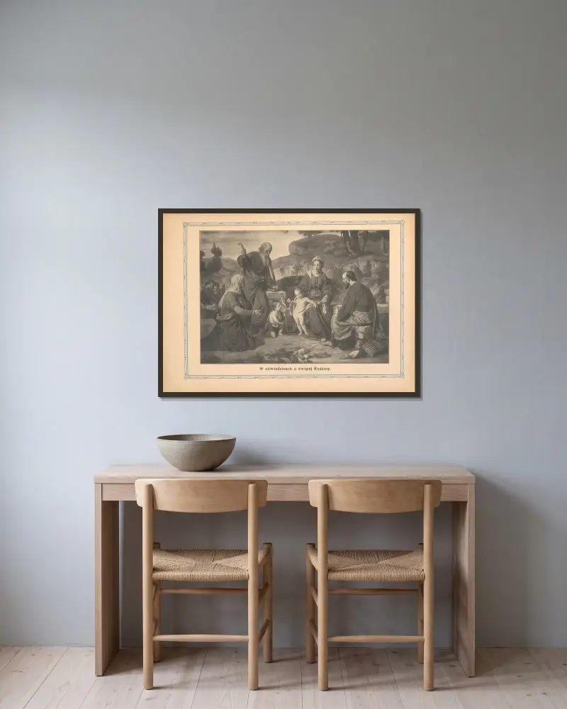 Zu Besuch bei der Heiligen Familie von Otto Bitschnau gerahmt an einer Wand