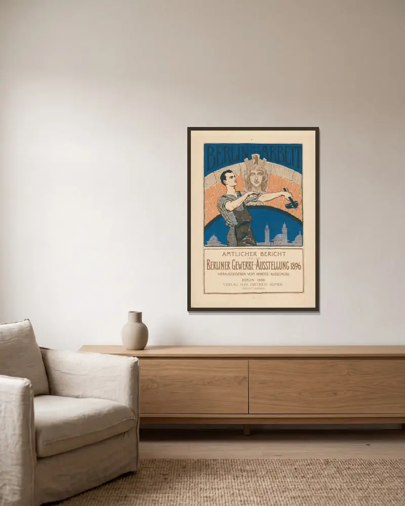 Berlin und seine Arbeit: Amtlicher Bericht über die Berliner Gewerbe-Ausstellung 1896 von Otto Eckmann gerahmt an einer Wand