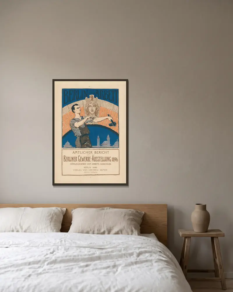 Berlin und seine Arbeit: Amtlicher Bericht über die Berliner Gewerbe-Ausstellung 1896 von Otto Eckmann gerahmt an einer Wand