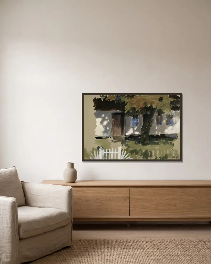 Landschaftsstudie Haus mit Garten und Baum av Otto Eckmann inramad på en vägg