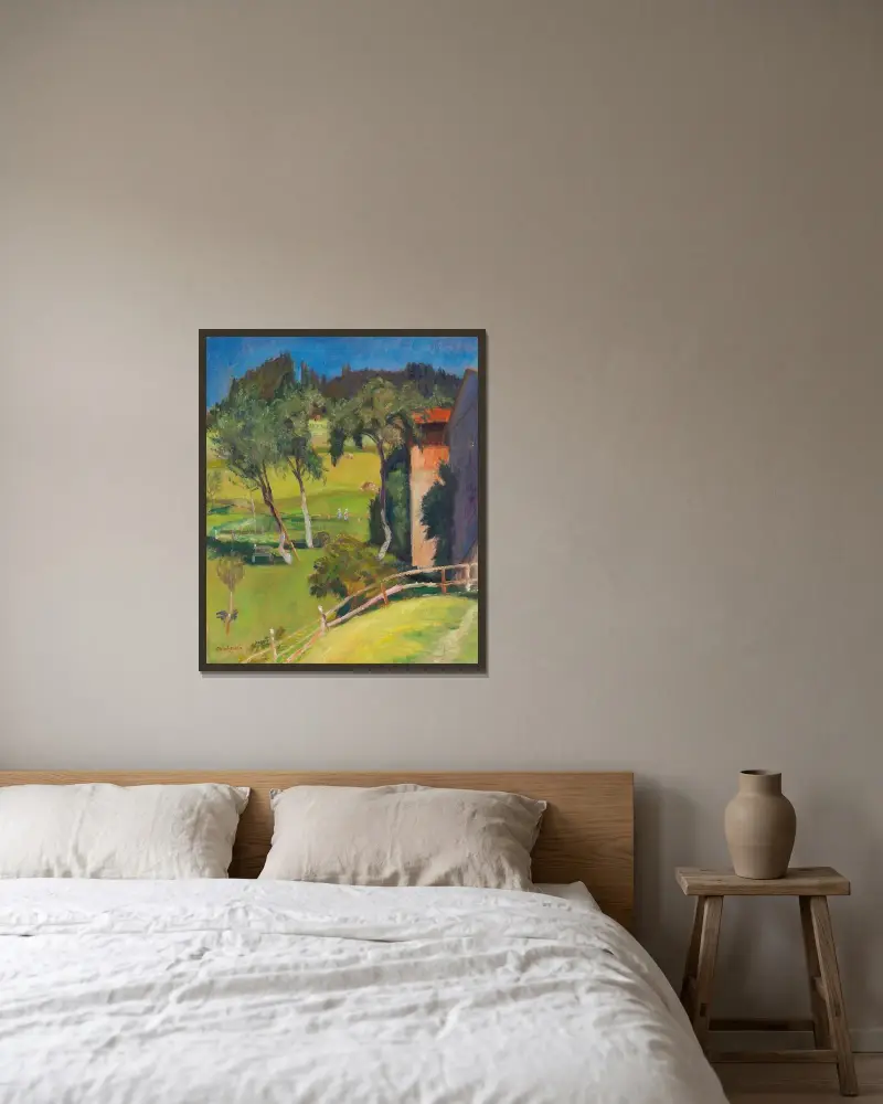 Alte Obstbäume hinter dem Haus, 1931 von Otto Modersohn gerahmt an einer Wand