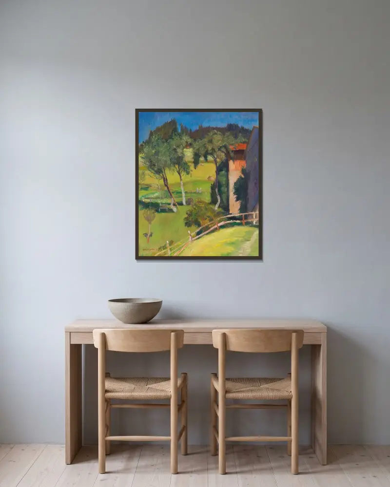 Alte Obstbäume hinter dem Haus, 1931 von Otto Modersohn gerahmt an einer Wand