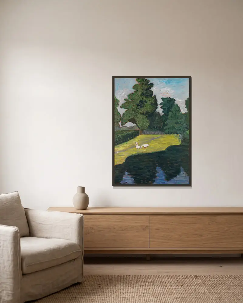 An der Wümme mit Gänsen av Otto Modersohn inramad på en vägg